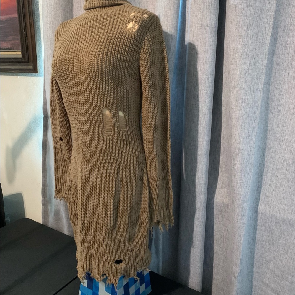FASHION NOVA Distressed Taupe Brown Knit Long Sleeve Sweater Dress, M